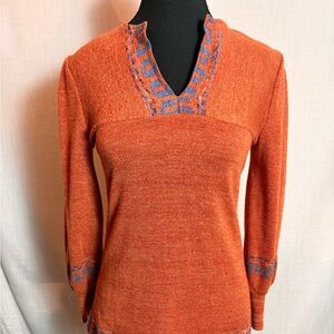 Vintage Women's Orange Sweater with Blue Design